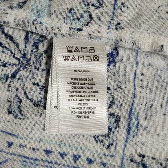 C&C California Womens Linen Shirt Roll-Tab Sleeve White Blue Tropical Size L - Picture 8 of 8